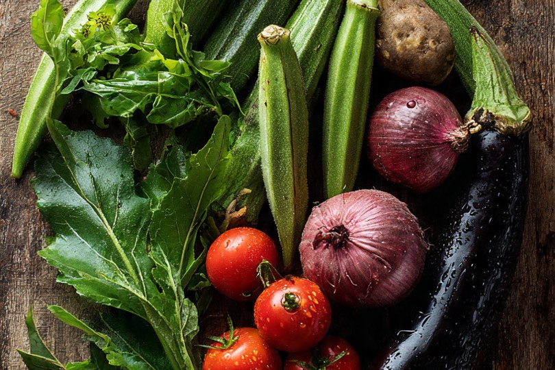 Mix of okra, tomatoes, brinjals, gourds and leafy greens